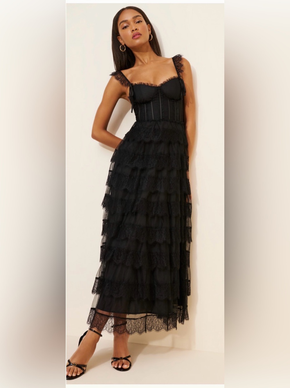 Amy Jane London Adessa Black Lace Tiered Maxi Dress small $280
